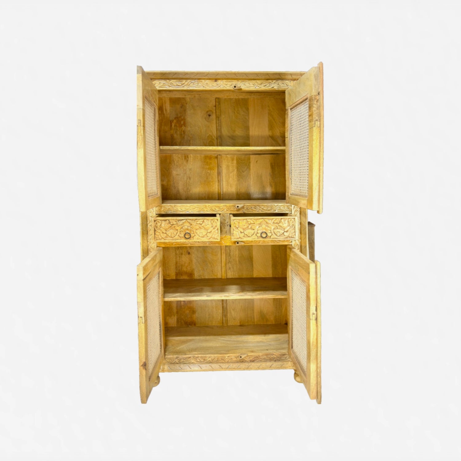 Hardwooden rattan cupboard with hand carving with natural wood finish