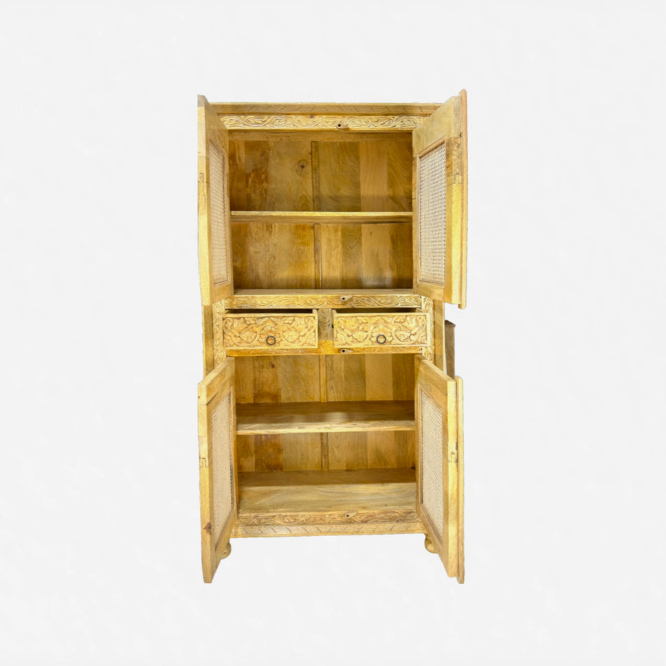 Wooden rattan cupboard with hand carving with natural wood finish