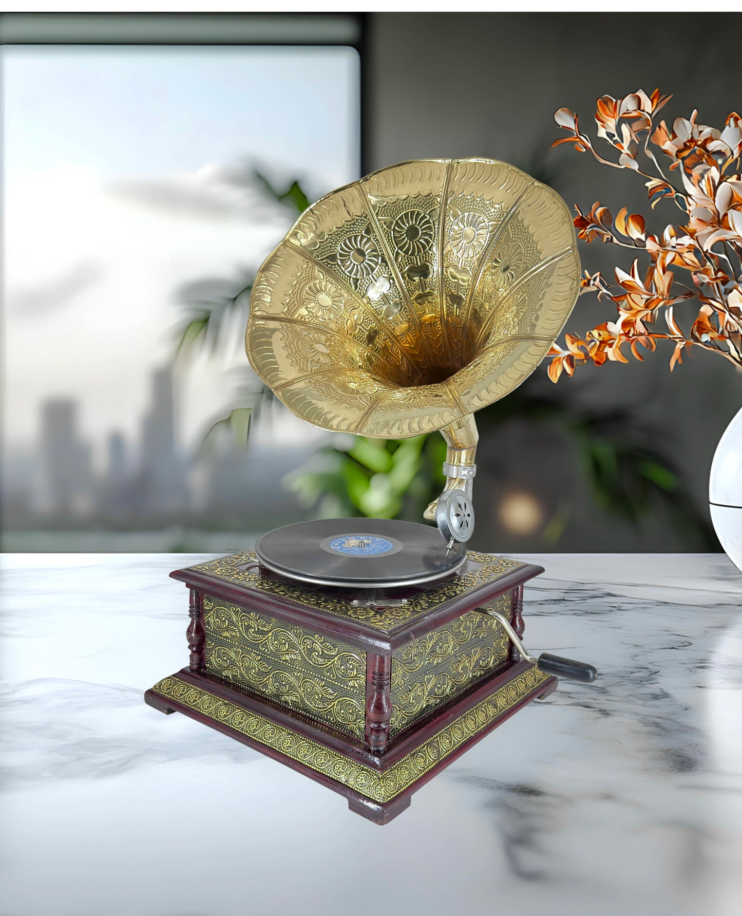 Functional antique Gramophone with brass fitted work
