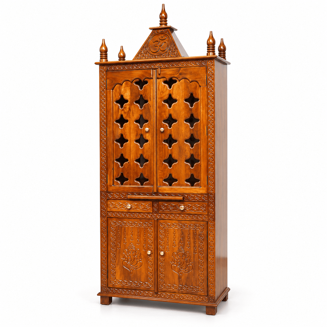 Luxury Wooden Home Temple with Ganesha Carved Storage Doors