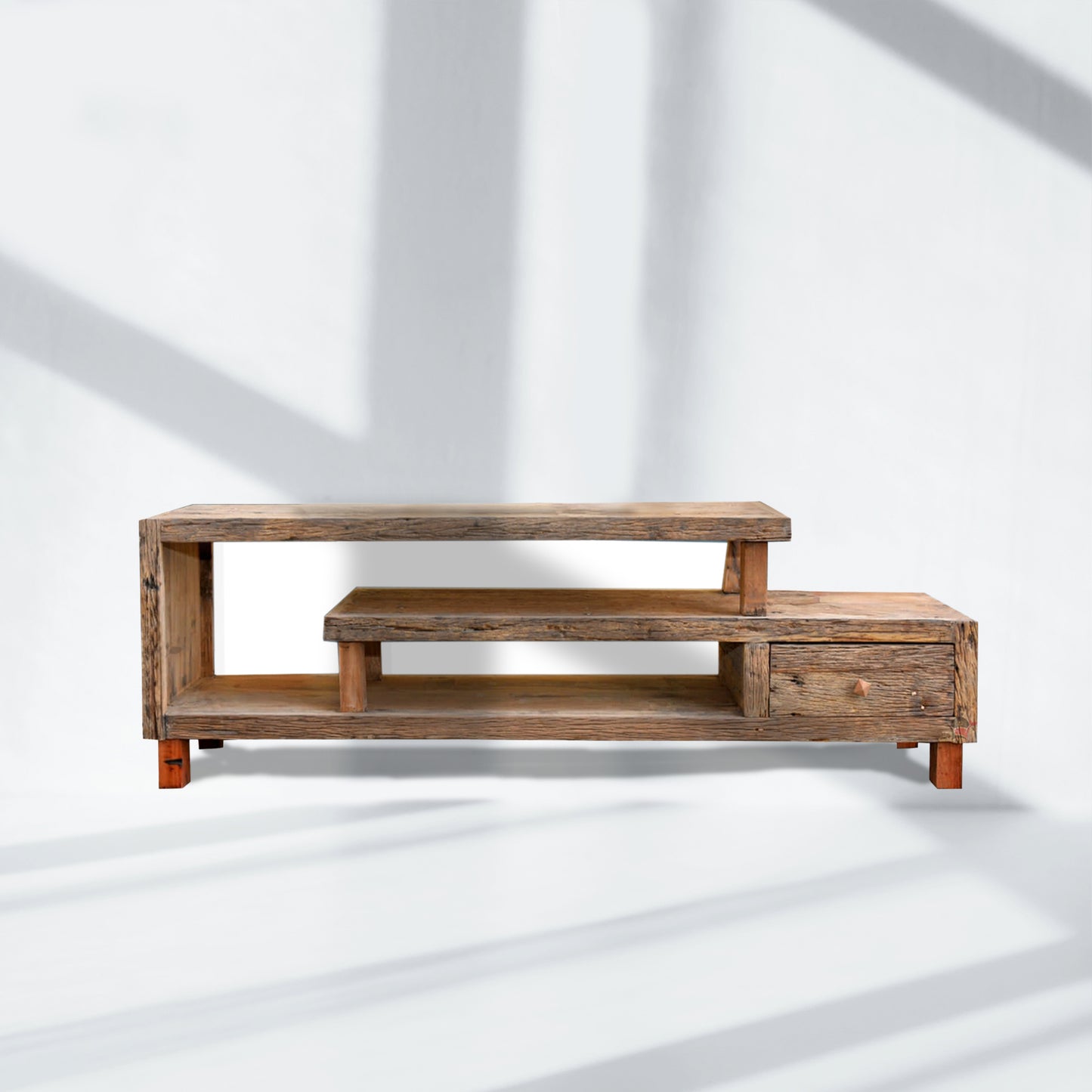 Railway sleeper wood 3 shelves tv cabinet with rust finish