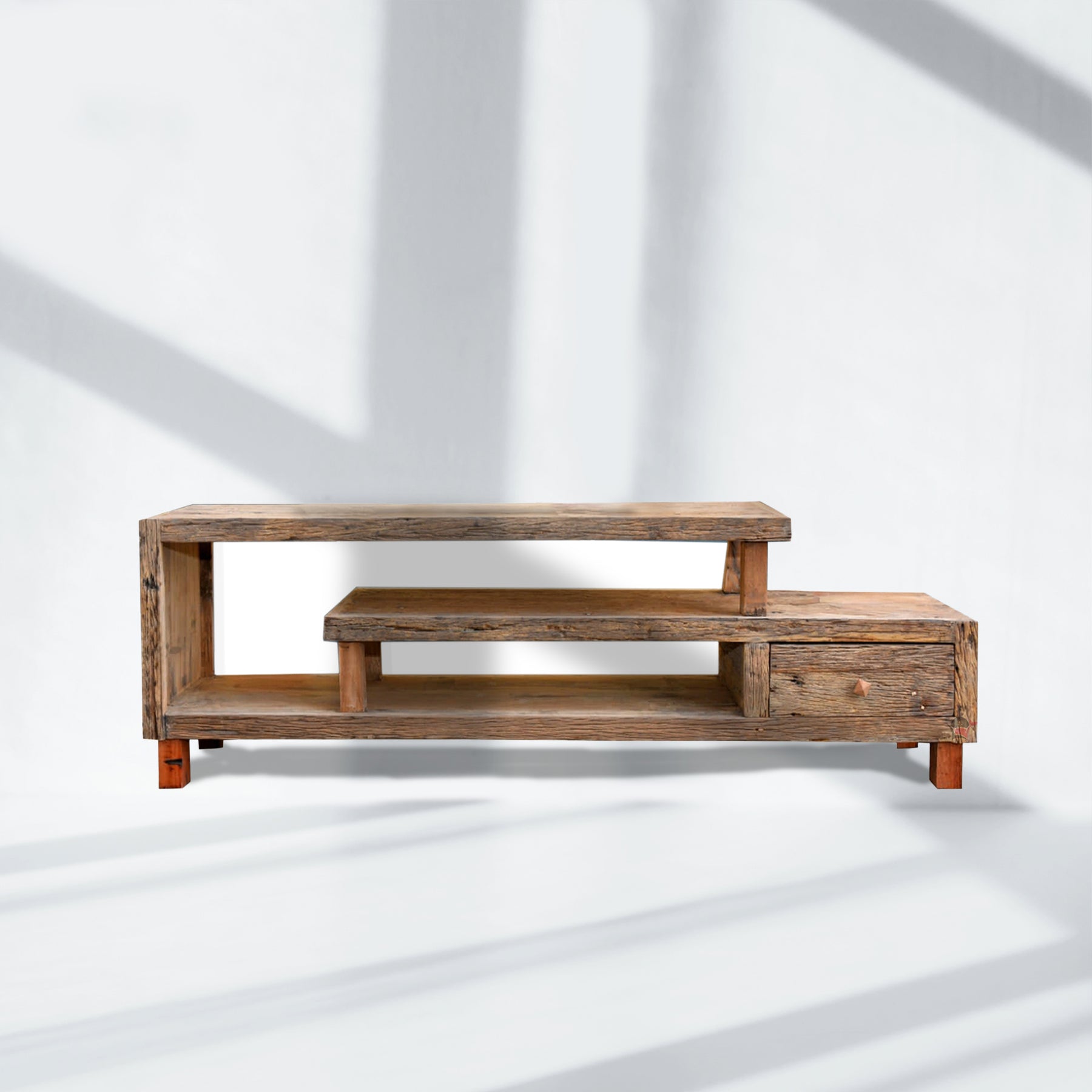 Railway sleeper wood 3 shelves tv cabinet with rust finish