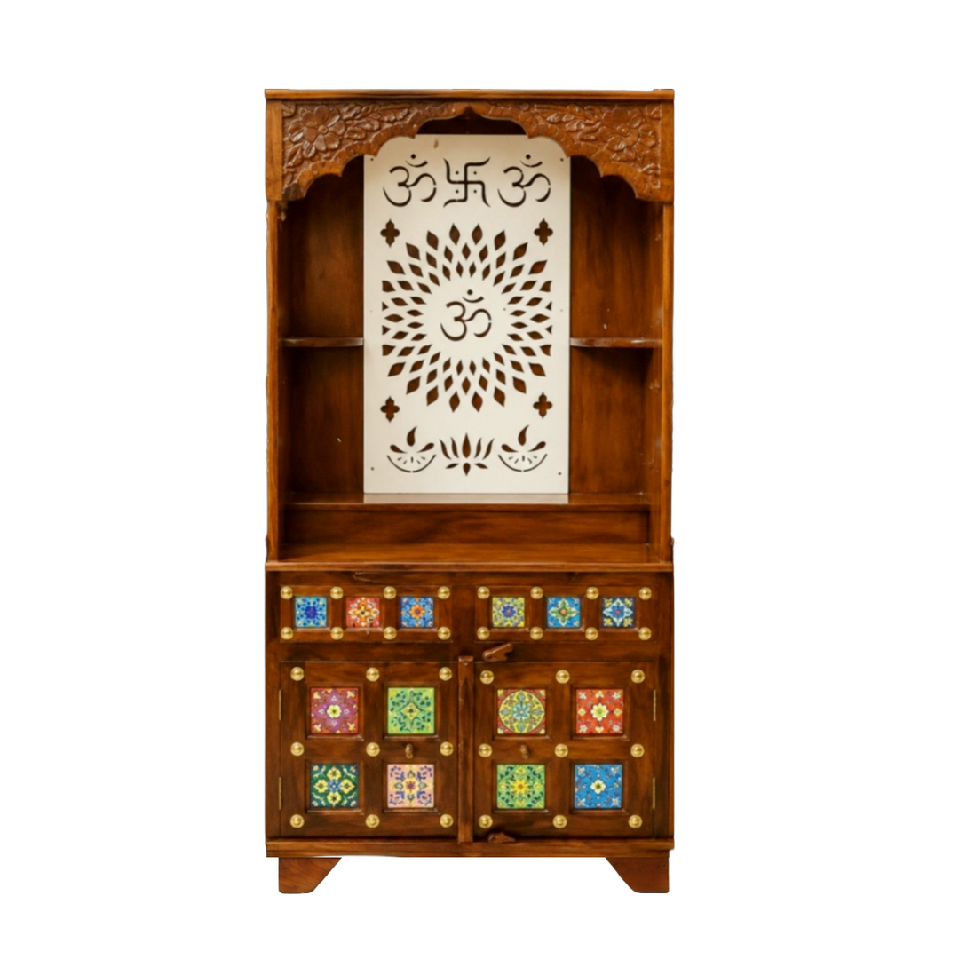 Indian Handmade Wooden Mandir with Om Decorative Panel