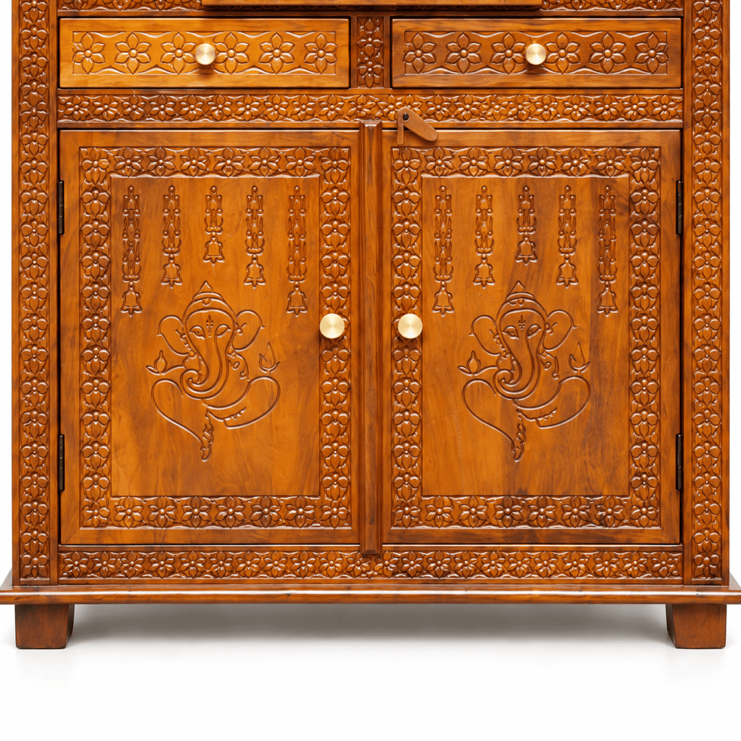 Luxury Wooden Home Temple with Ganesha Carved Storage Doors