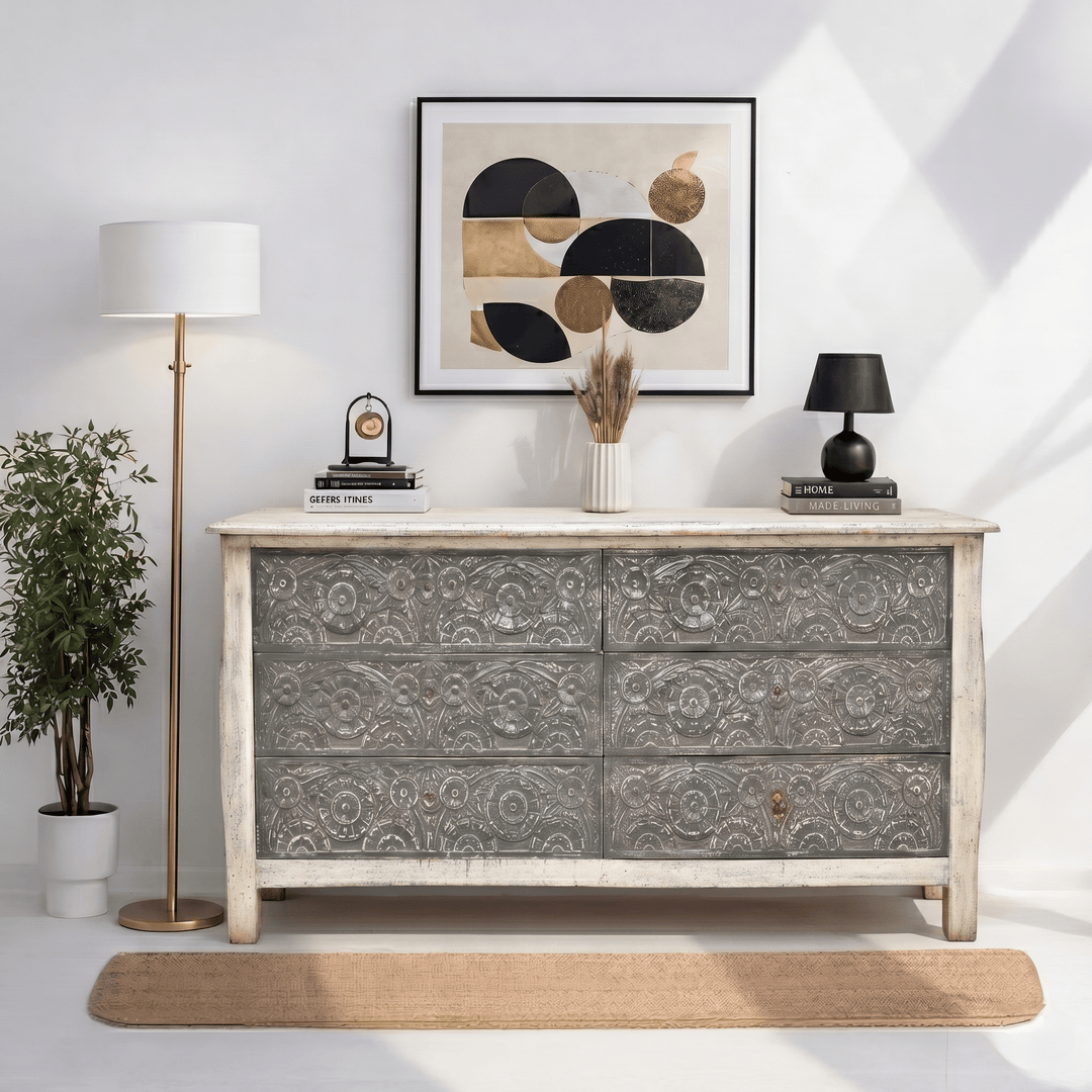 Siena Heritage hand carved chest of drawers with storage with rustic finish