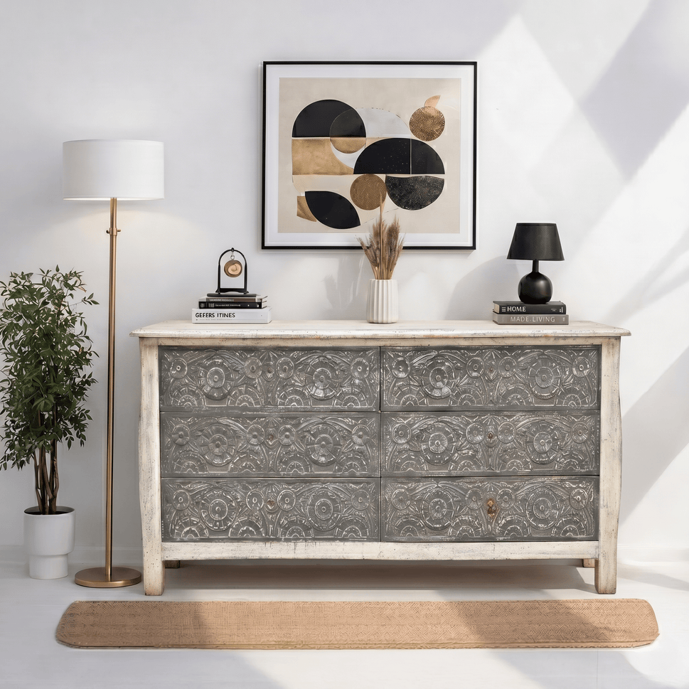 Siena Heritage hand carved chest of drawers with storage with rustic finish