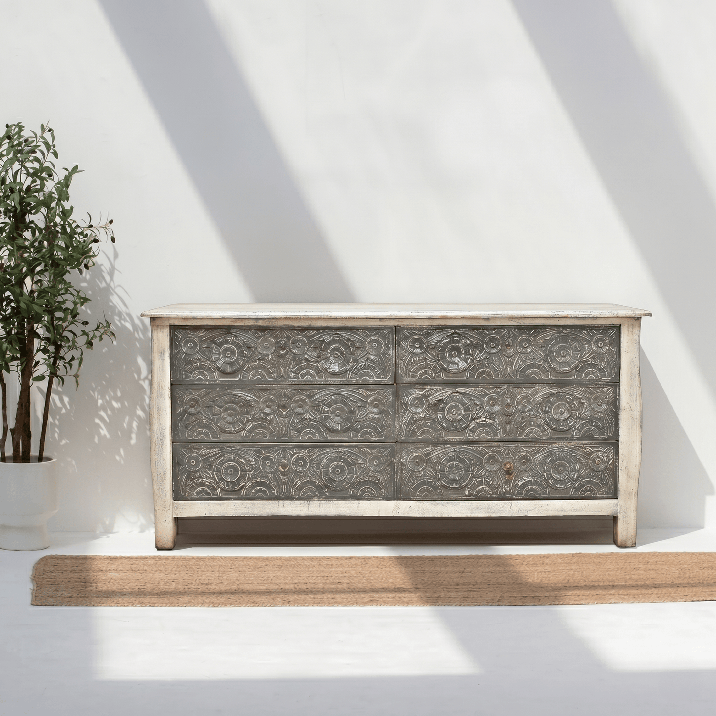 Stylish hand carved kitchen Chest Cabinet,  Wooden Chest with 6 Drawers hand made Dubai, Natural Wood Rustic Storage Cabinet for villas, Vintage Floral Carved Chest of Drawer for hotels & restaurent,