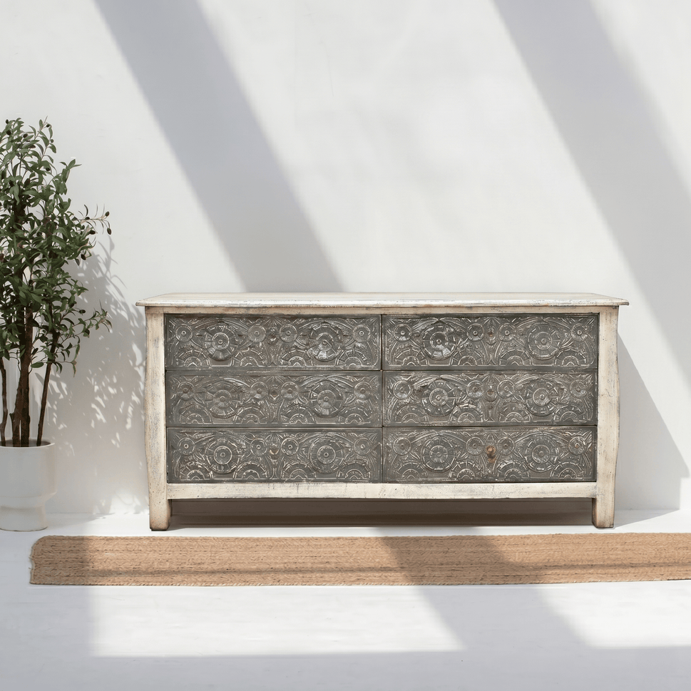 Siena Heritage hand carved chest of drawers with storage with rustic finish
