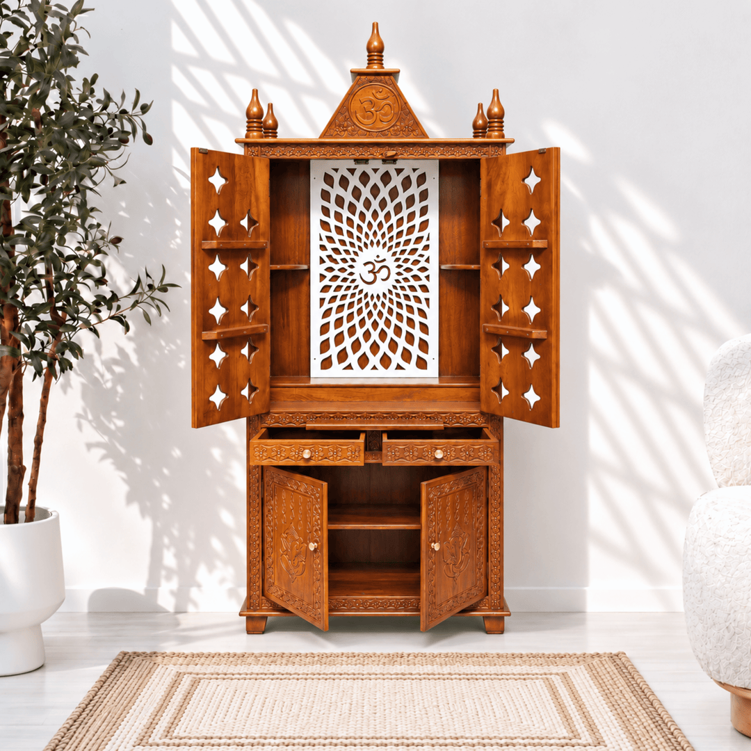 Luxury Wooden Home Temple with Ganesha Carved Storage Doors