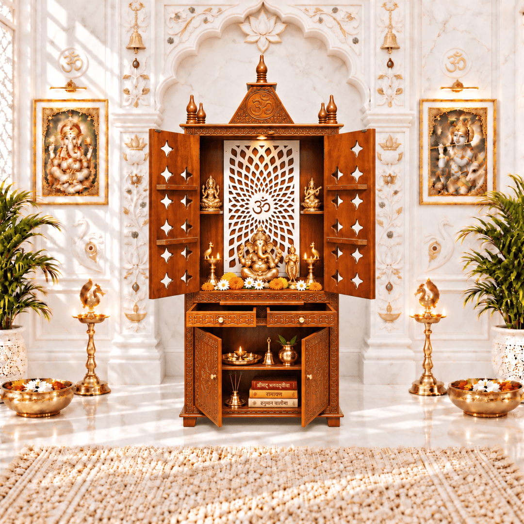 Luxury Wooden Home Temple with Ganesha Carved Storage Doors