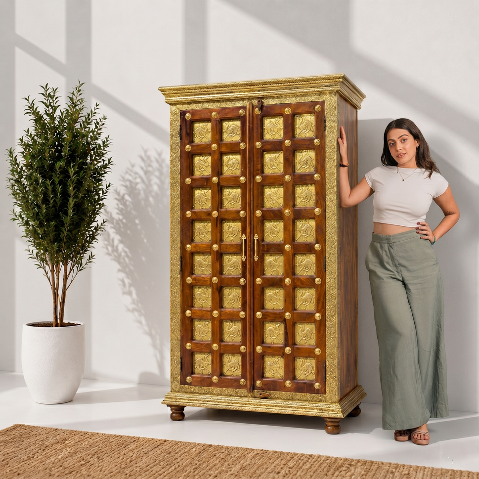 Indian solid wood cabinet with 2 doors with brass fitted work
