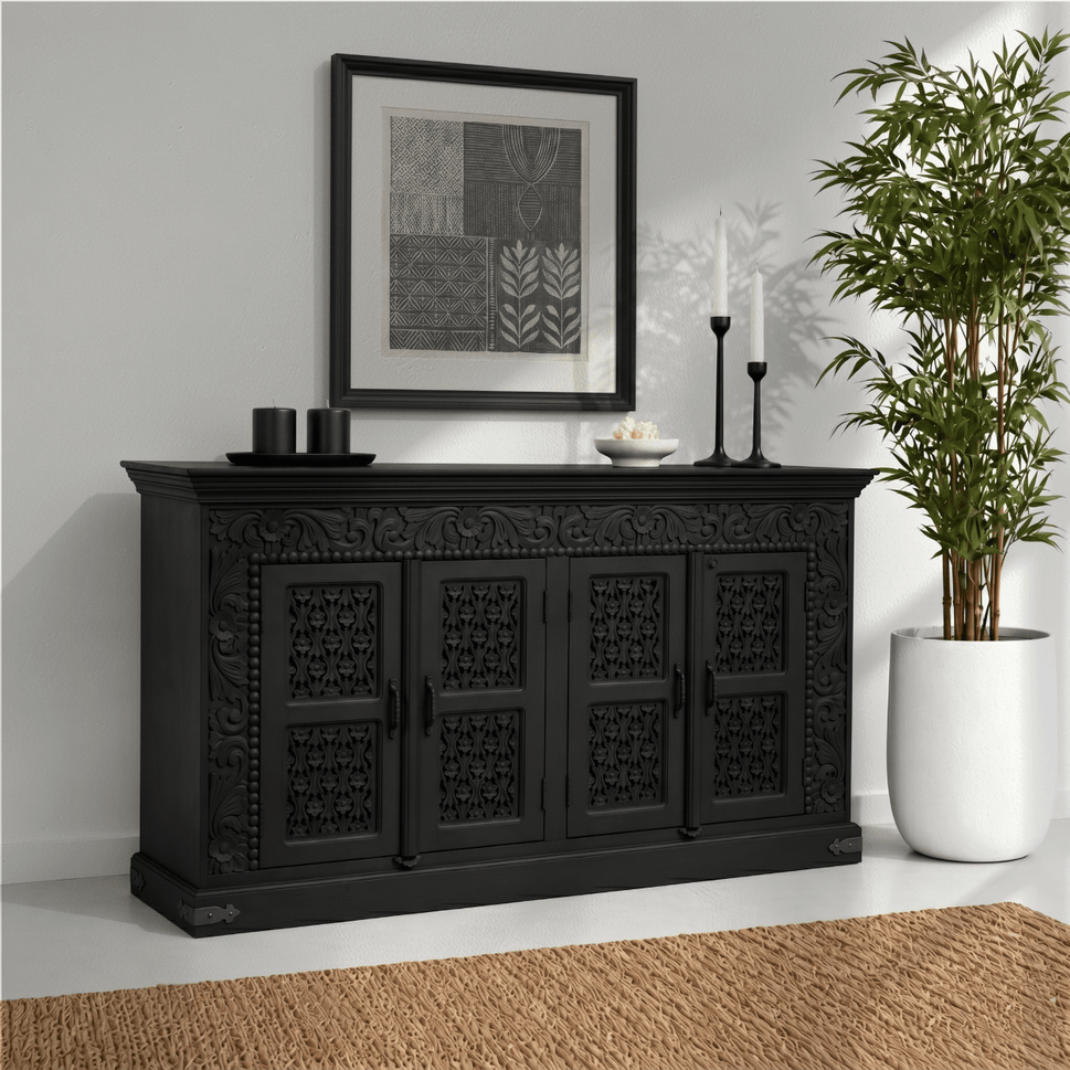 Noir Haveli Mango Wood side buffet Cabinet with Hand Carving