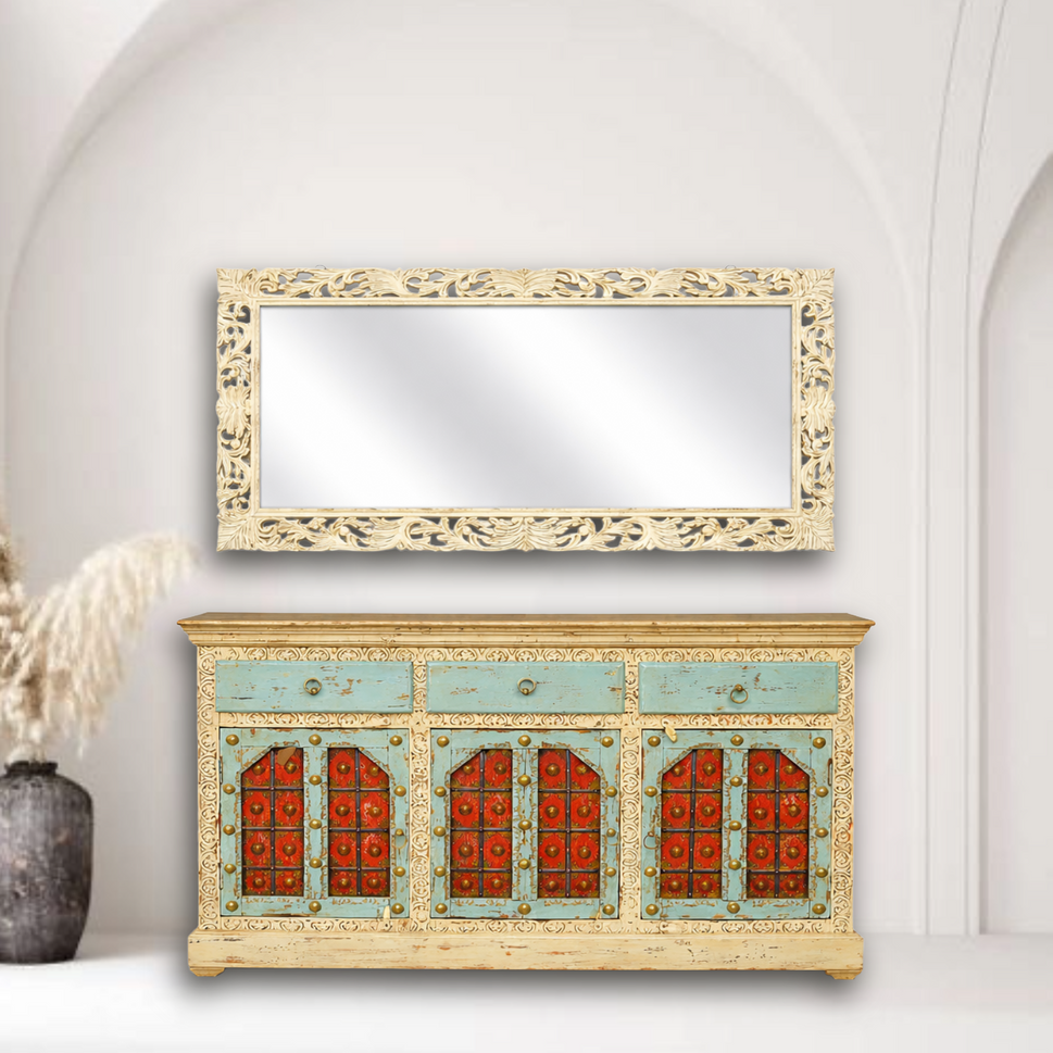 خزانة جانبية خشبية عتيقة الطراز مزينة برسومات عربية يدوية - خزانة تخزين مجلس الإمارات العربية المتحدة