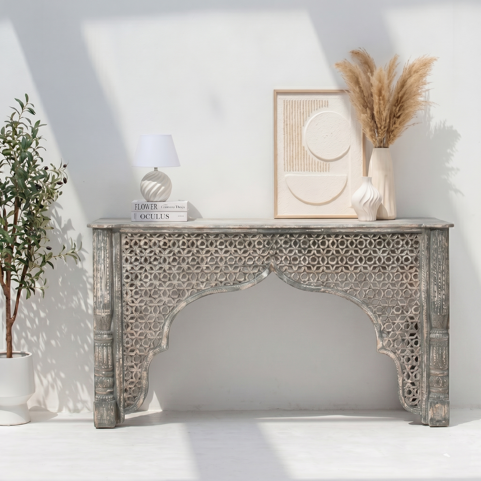 Rustic Carved Wooden Console Table with Moorish Arch Design