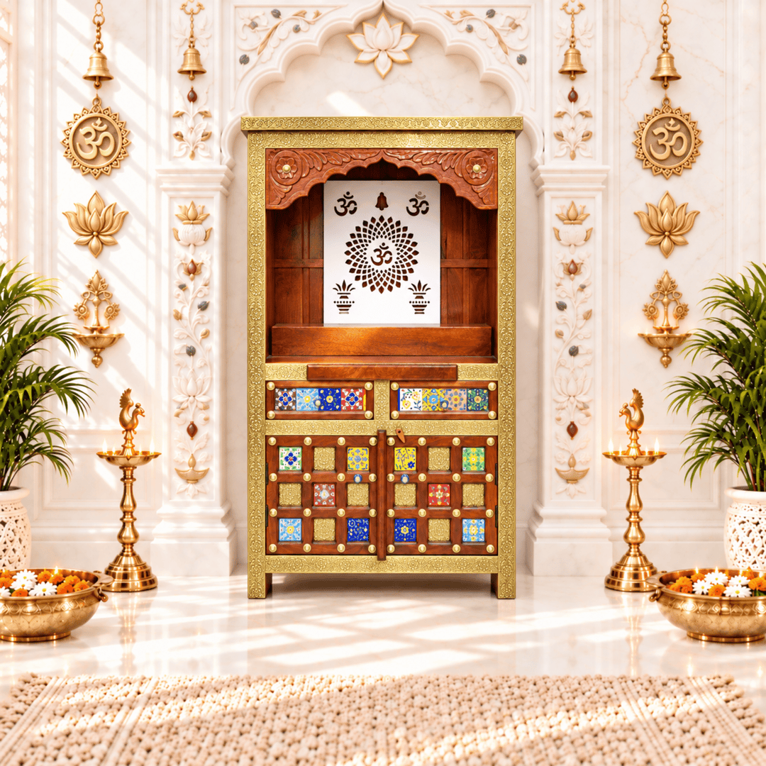 Handmade Mango Wood Temple Cabinet with Om and Diya Cutwork