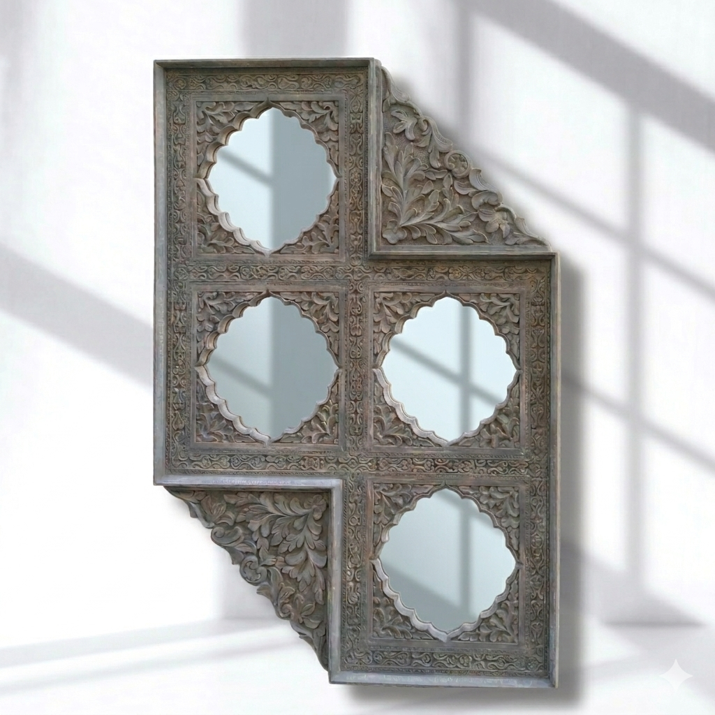 إطار مرآة جاروخا من خشب المانجو المنحوت يدويًا | الإمارات العربية المتحدة