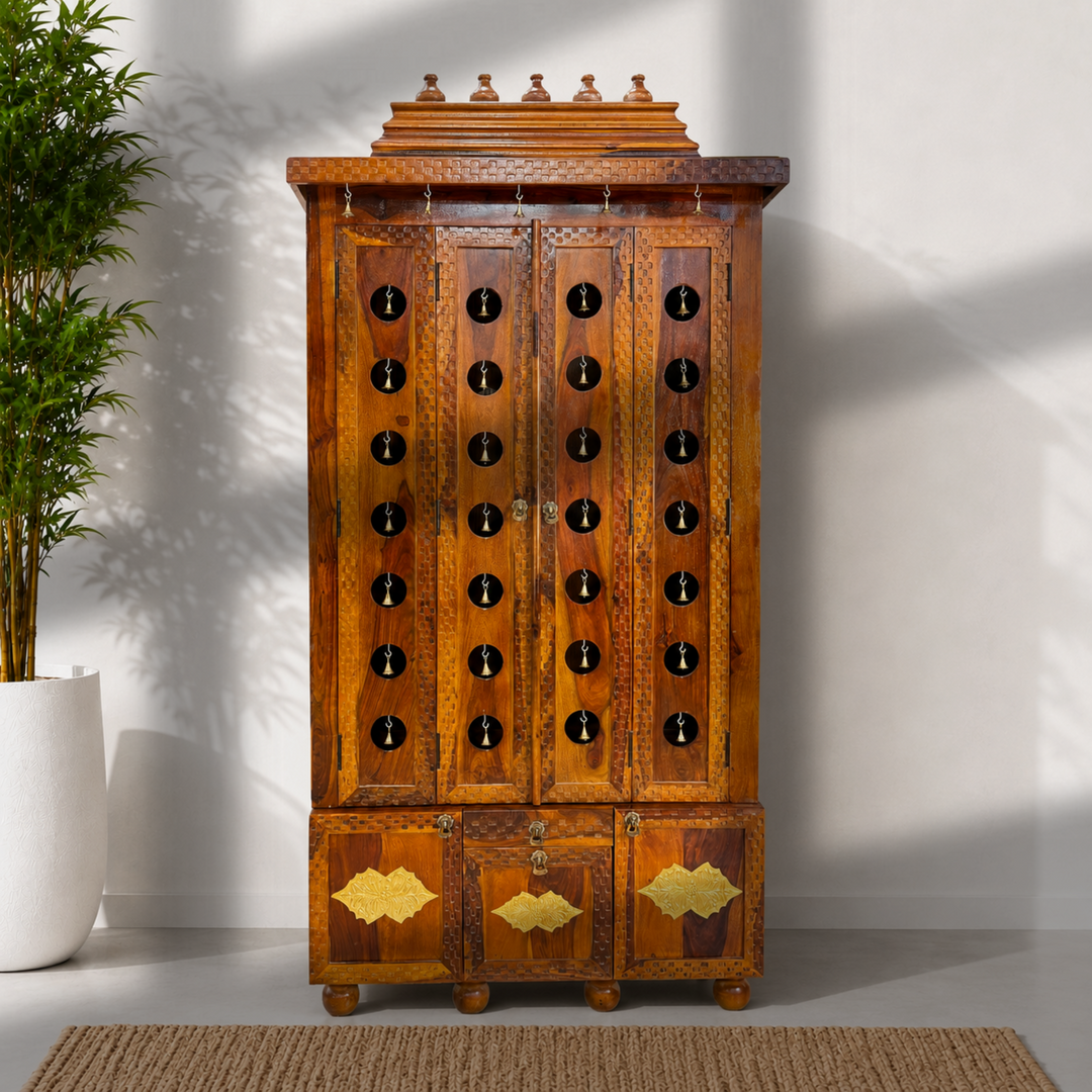 Handicrafted Shisham Wood Home Temple With Three Storage Drawers
