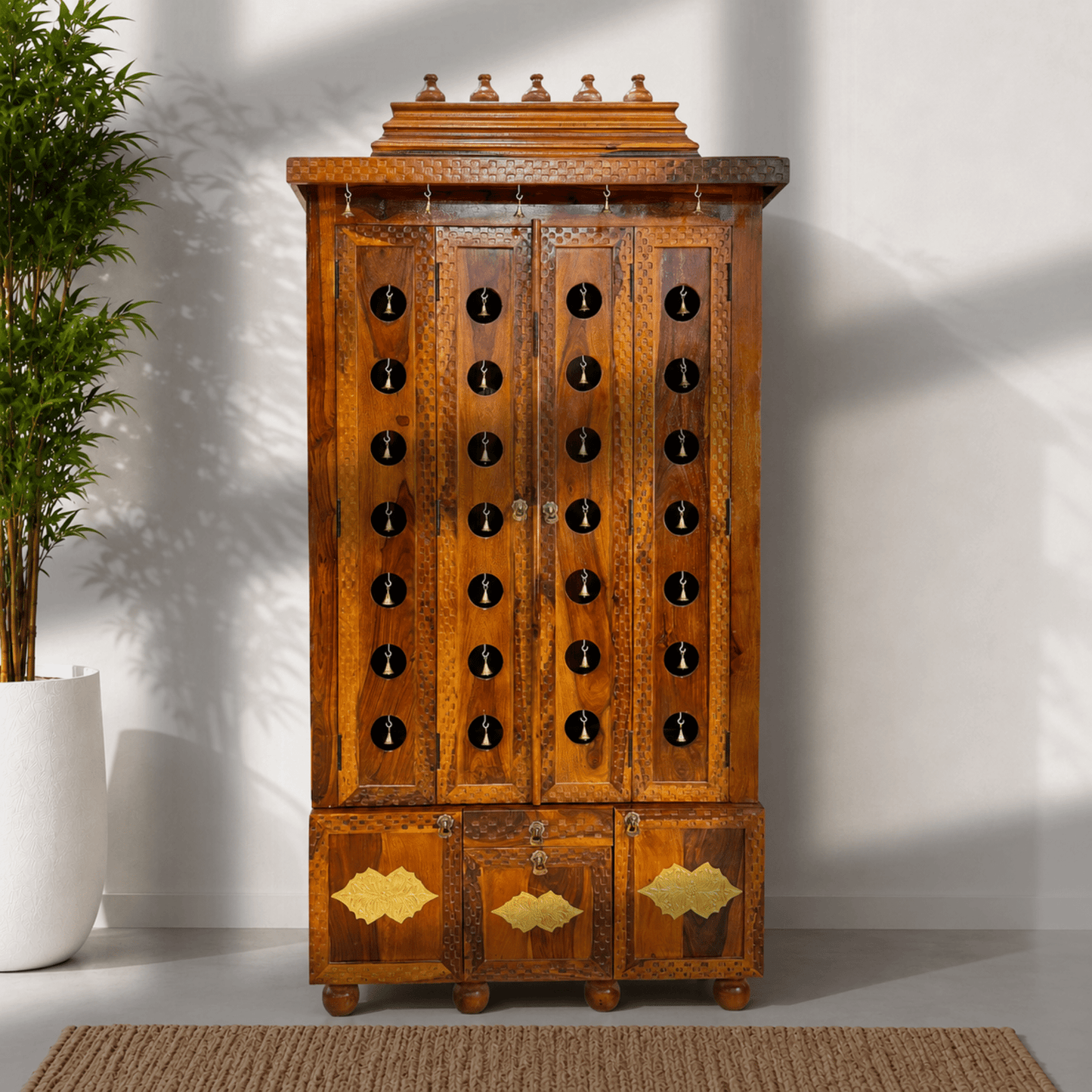 Handicrafted Shisham Wood Home Temple With Three Storage Drawers
