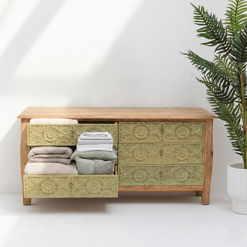 Siena Heritage hand carved chest of drawers with storage with rustic finish