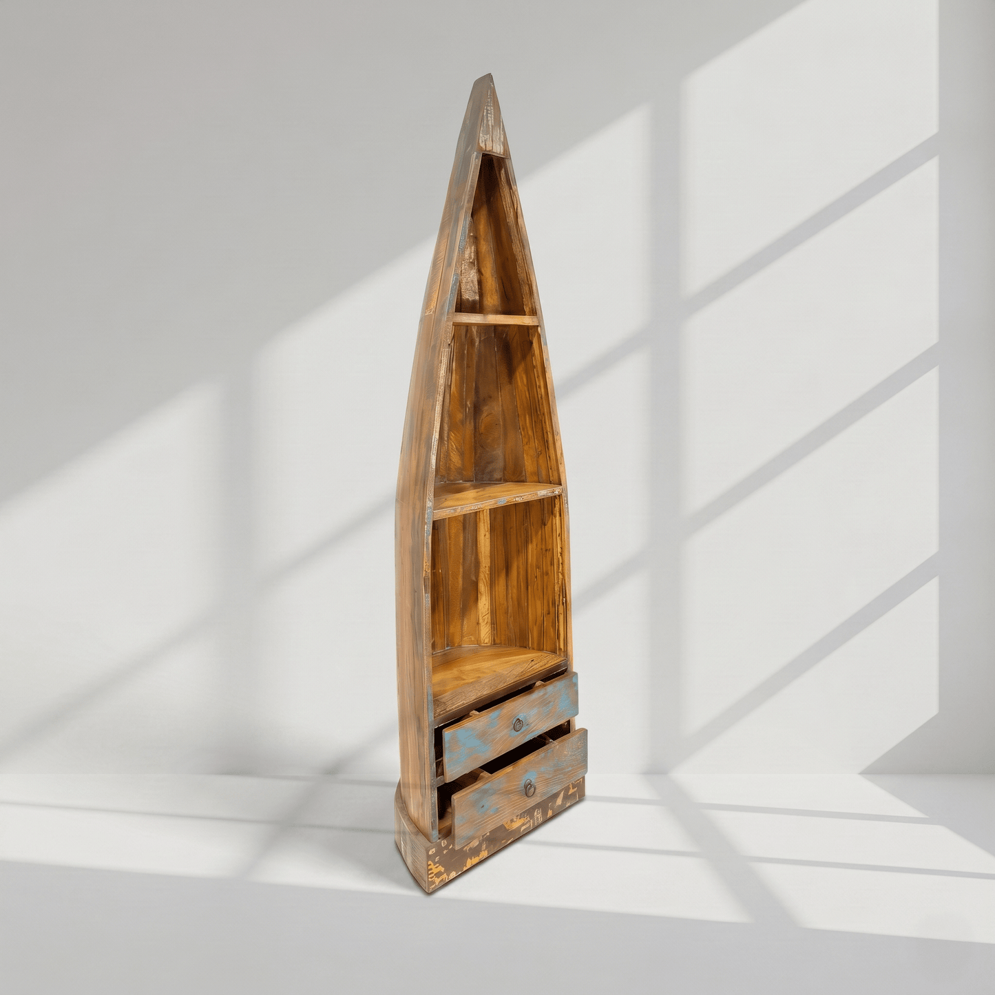 Handcrafted Boat Shape Wooden Bookshelf,Rustic Nautical Boat Bookcase for apartment UAE,Solid Wood Canoe Display Shelf,Vintage Boat Style Storage Cabinet,Decorative Coastal Wooden Bookcase,Luxury Nautical Display Unit,