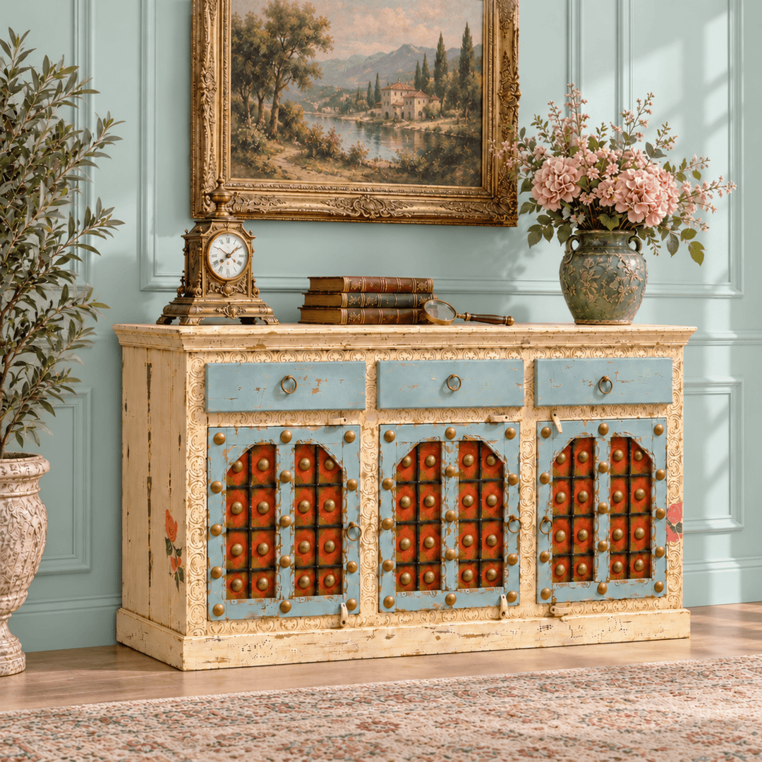 Luxe Boho Hand-Painted vintage Sideboard Cabinet & mirror