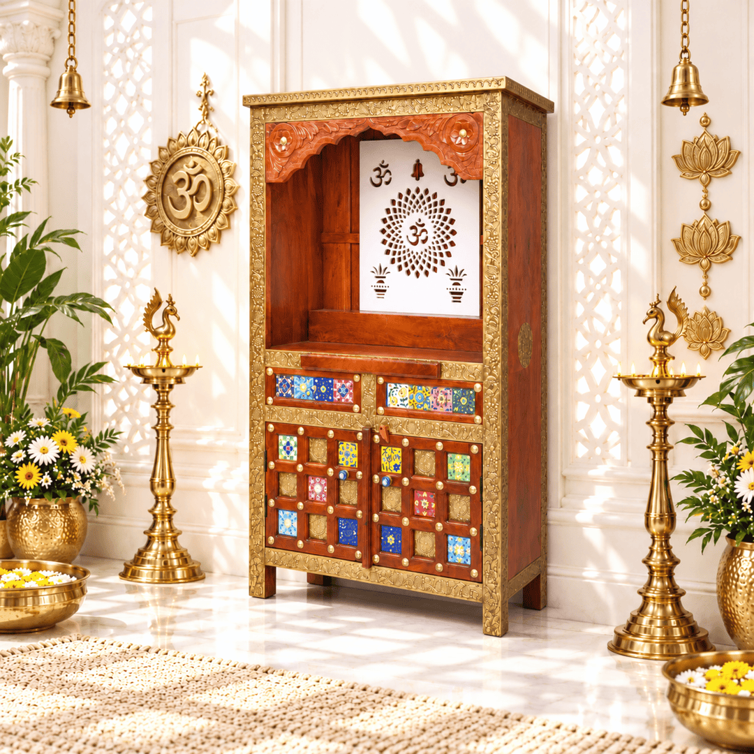 Handmade Mango Wood Temple Cabinet with Om and Diya Cutwork