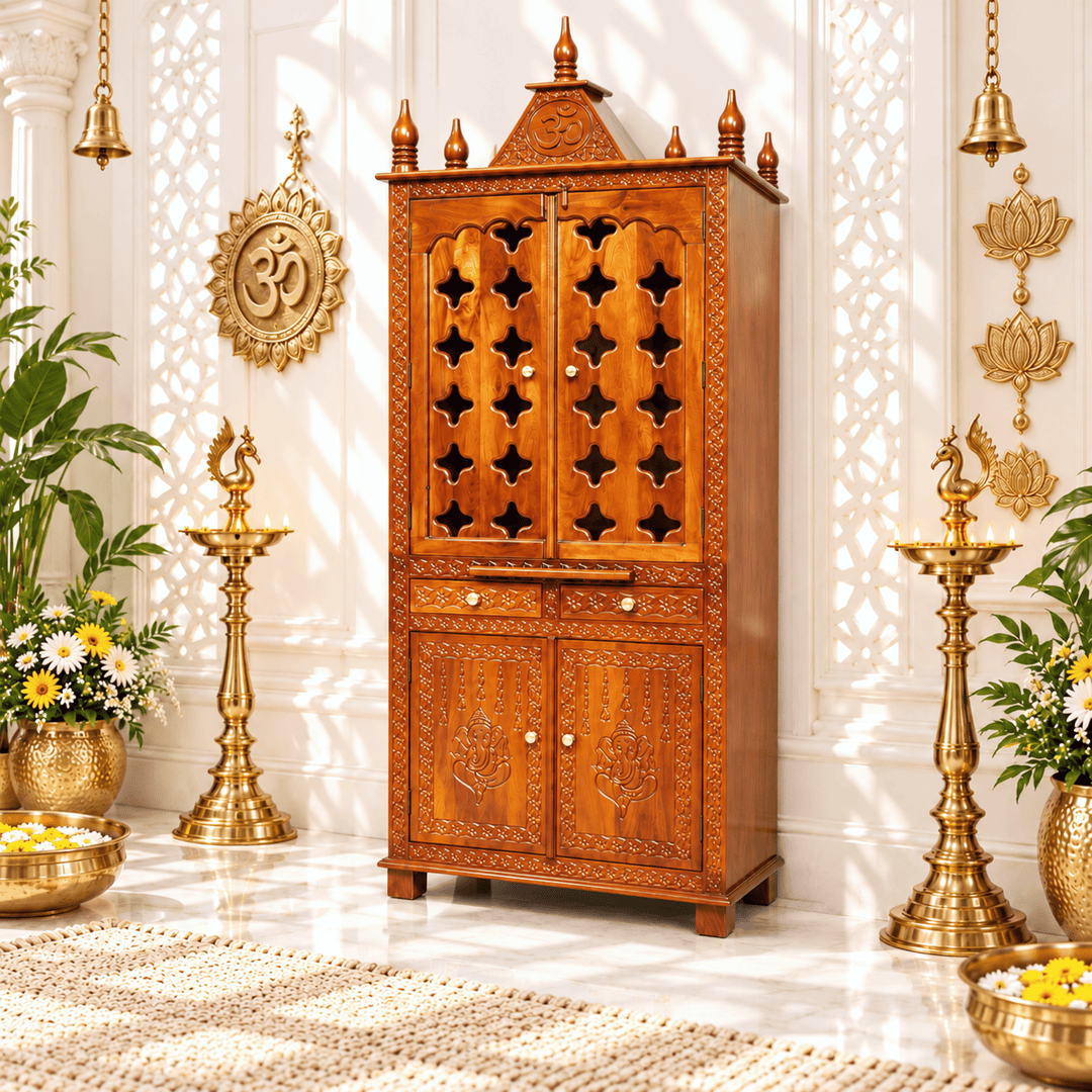Luxury Wooden Home Temple with Ganesha Carved Storage Doors