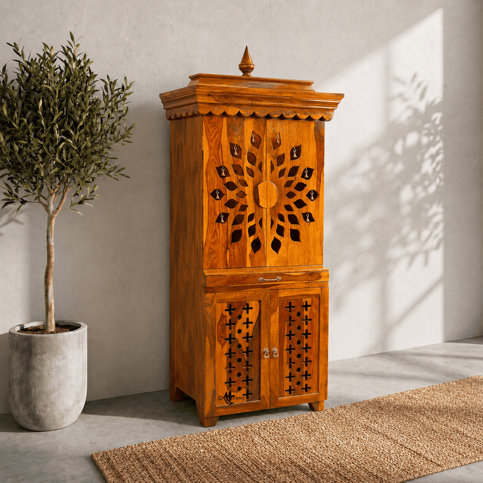 Solid wood Home Mandir with shelve with door