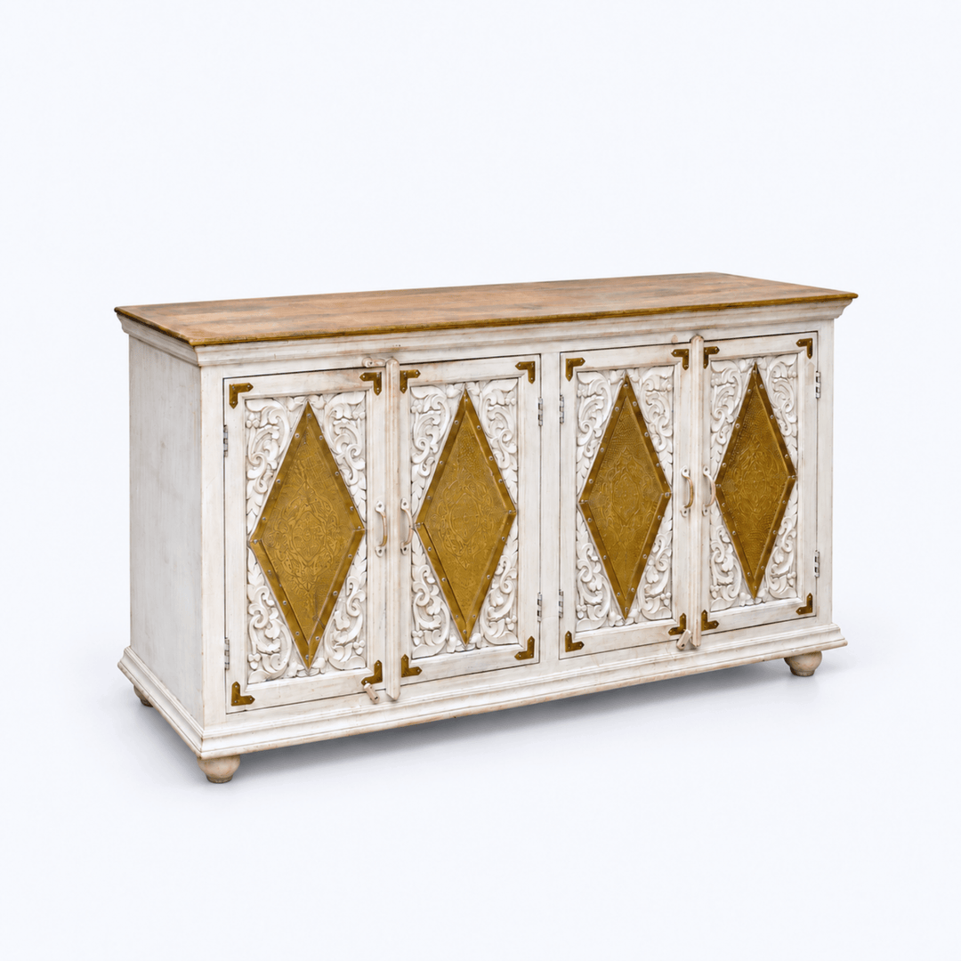 Aurelia Haveli Hand-Carved Solid Mango Wood Sideboard with Brass Inlay