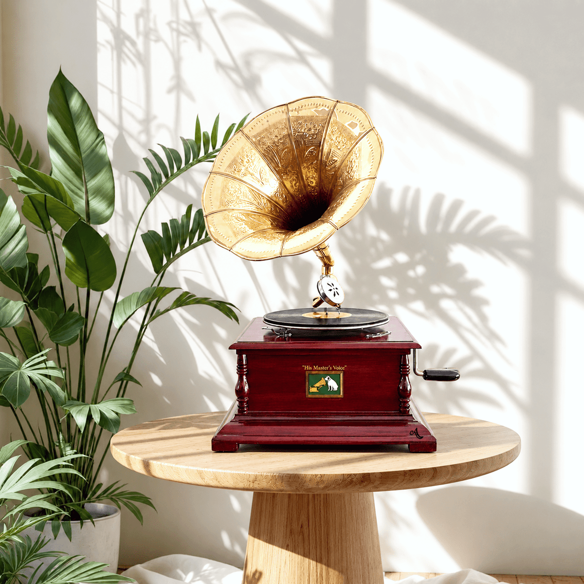 Vintage Gramophone Record Player with Bronze Horn