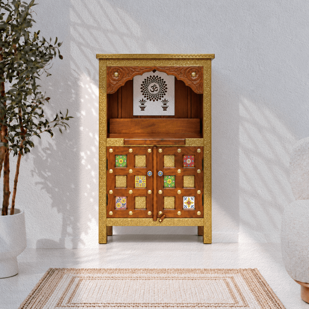 Handmade Mango Wood Temple Cabinet with Om and Diya Cutwork