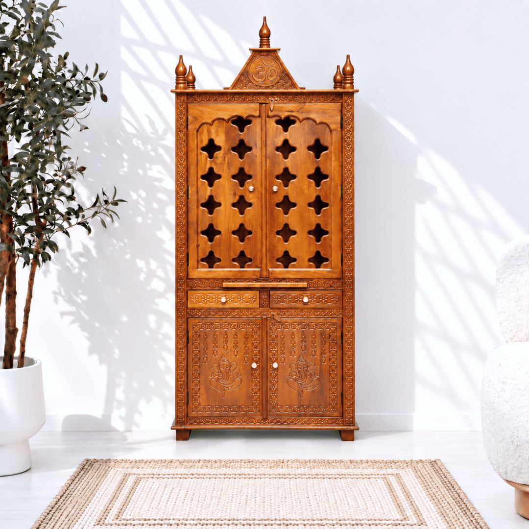 Luxury Wooden Home Temple with Ganesha Carved Storage Doors