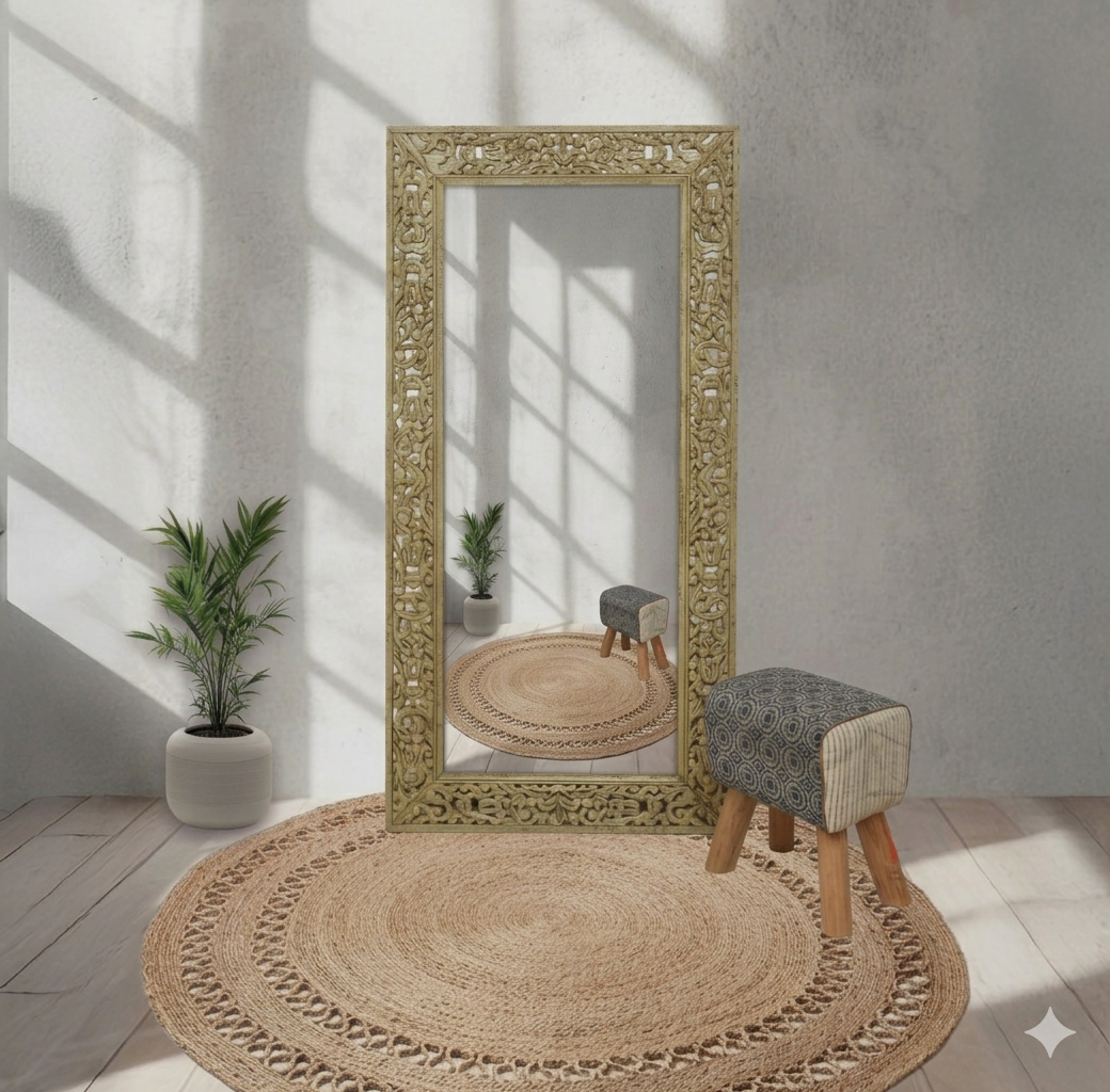 إطار مرآة أصلي منحوت يدويًا من خشب المانجو - 90×180 سم | الإمارات العربية المتحدة وسلطنة عمان