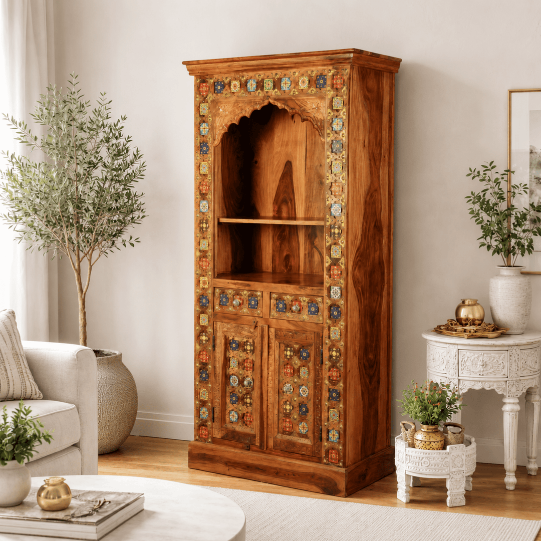 Luxury Sheesham Wood Prayer Shelf with Handcrafted Tiles & Storage