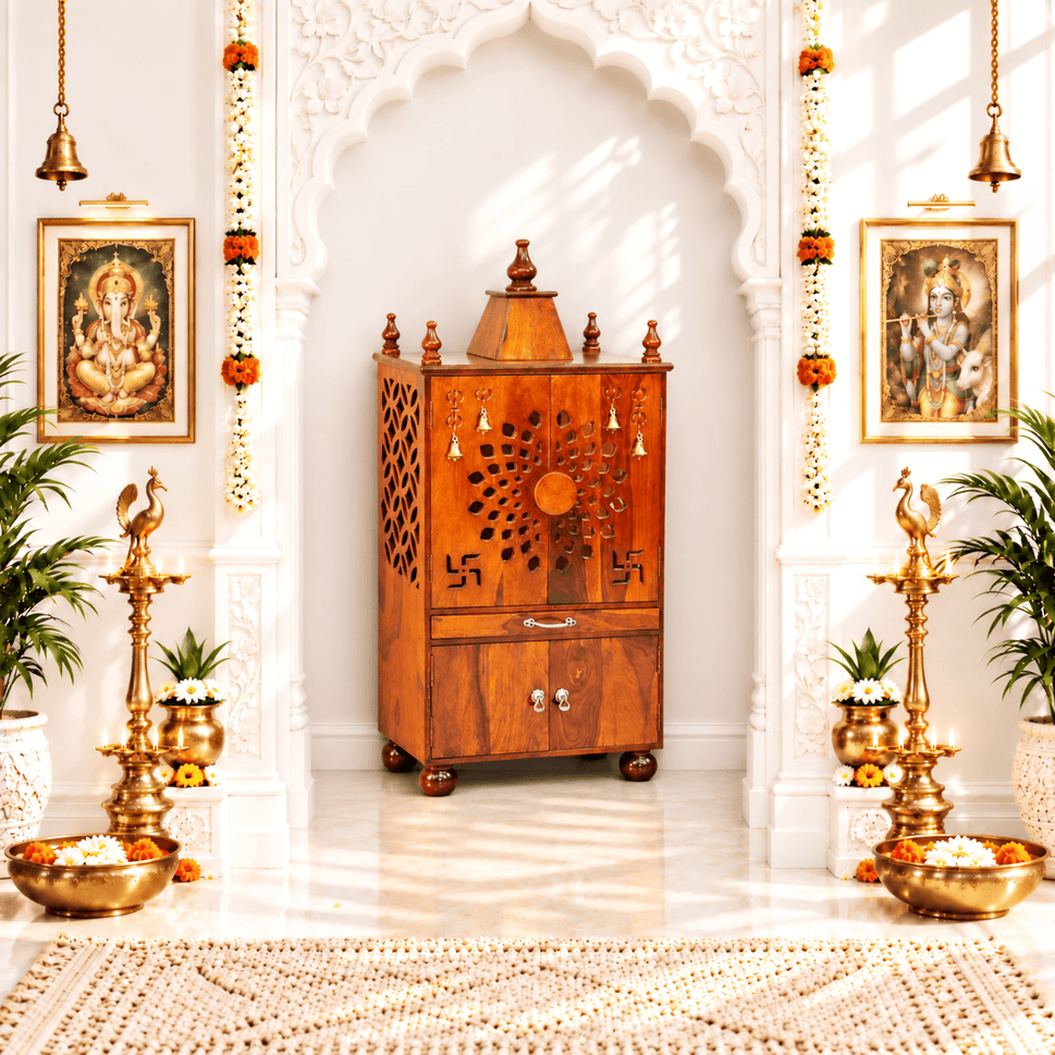 Wooden pooja home temple with door and storage box