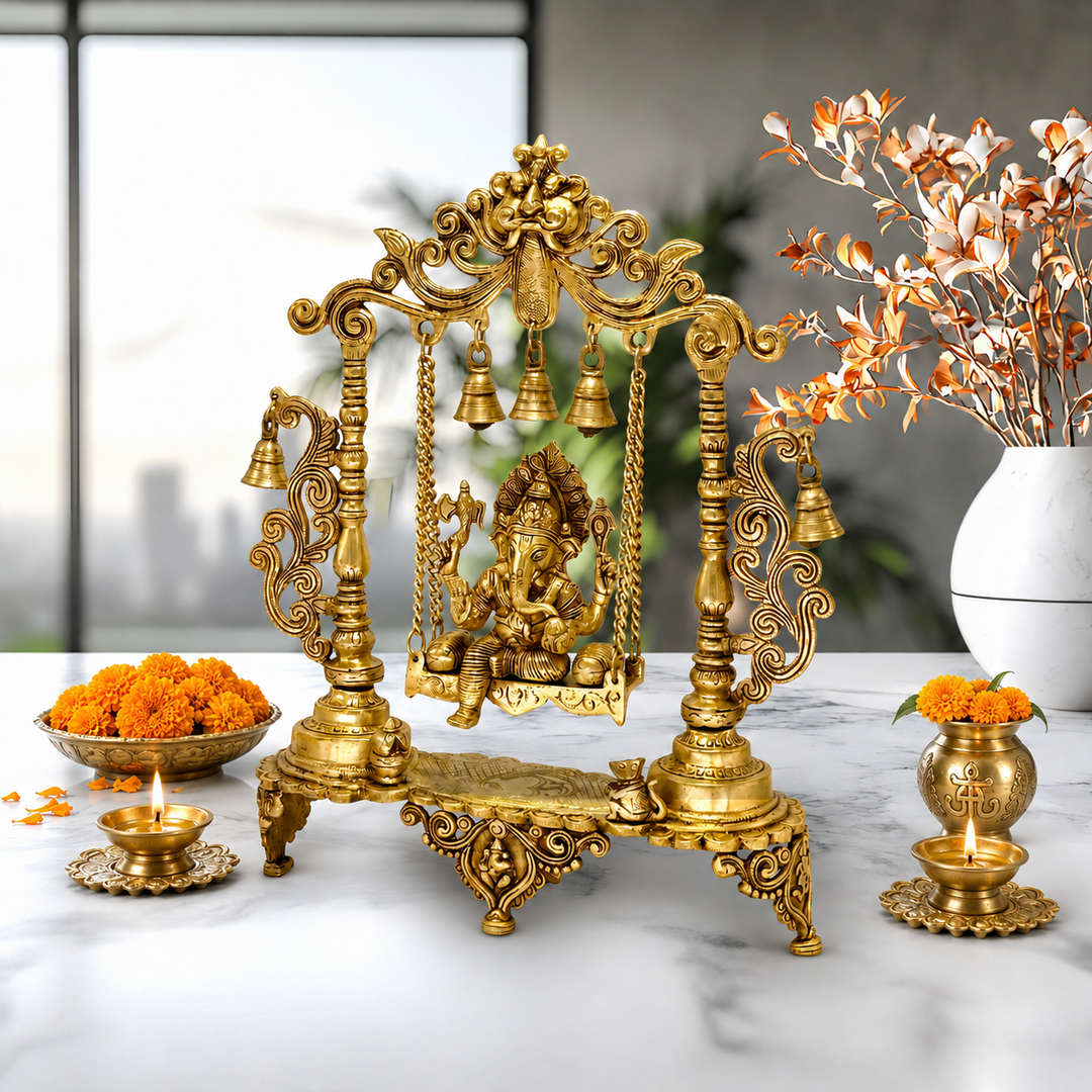 Brass Lord Ganesha seated on a Jhula ( swing )