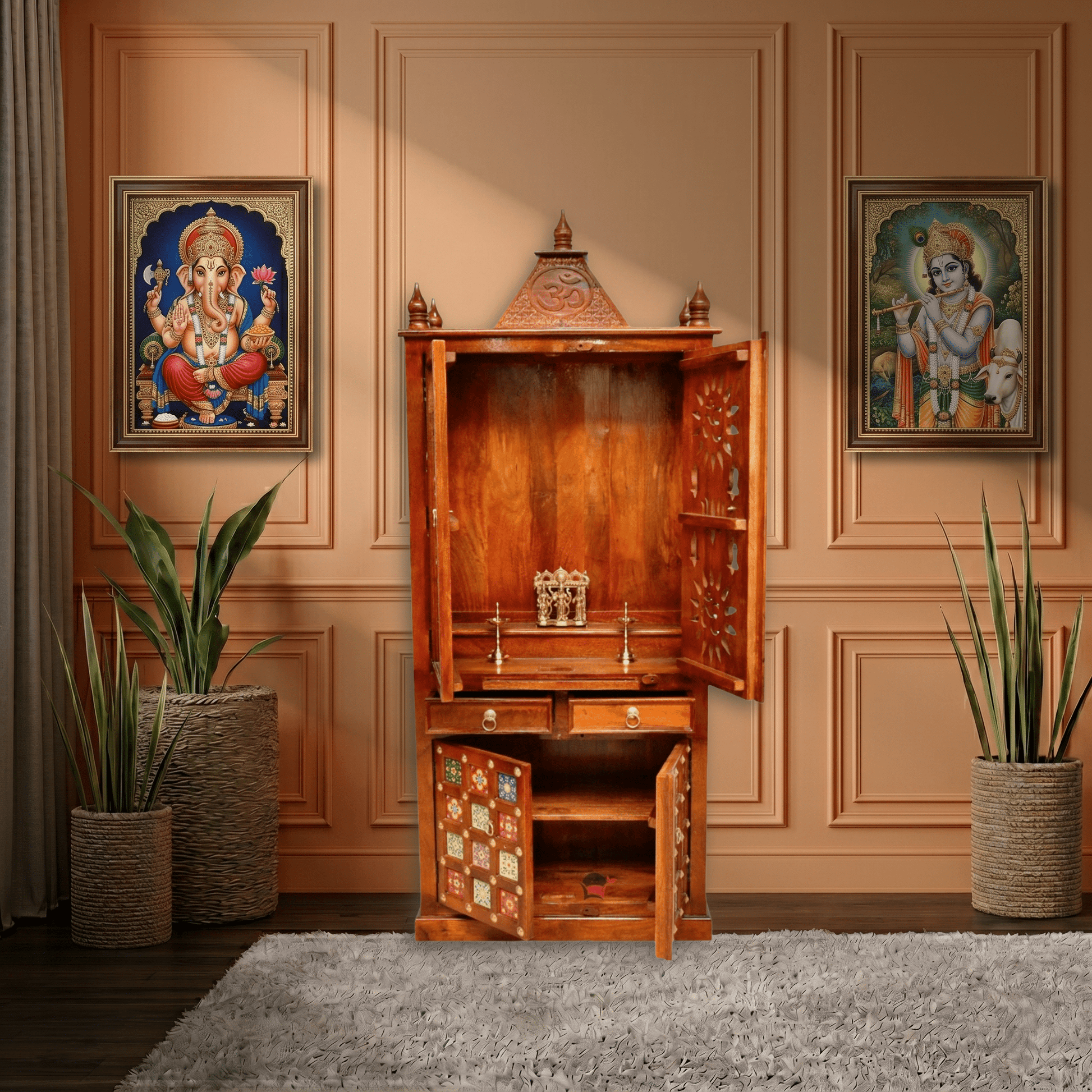 Solid Mango Wood Pooja Temple with Hand Carved Design | UAE