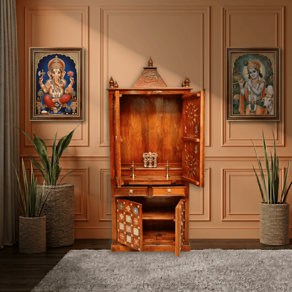 Solid Mango Wood Pooja Temple with Hand Carved Design | UAE