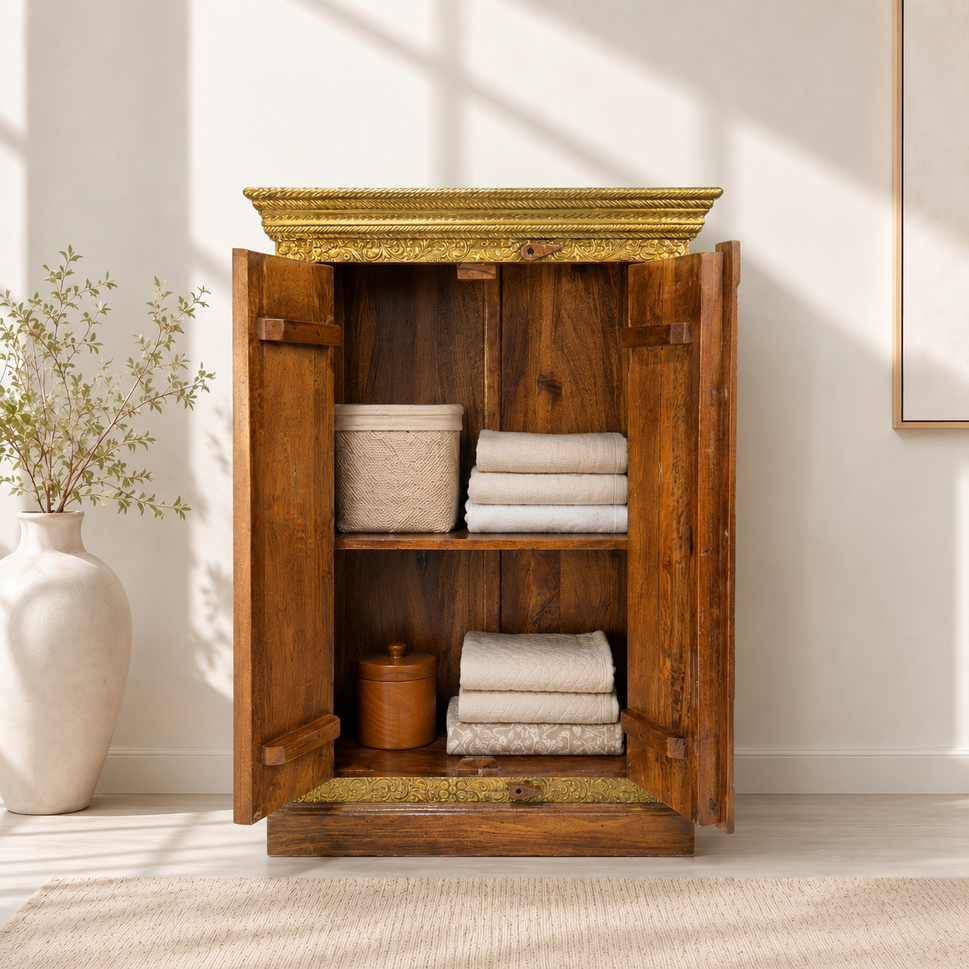 Rosewood Cabinet with Doors & Brass Fitted Storage