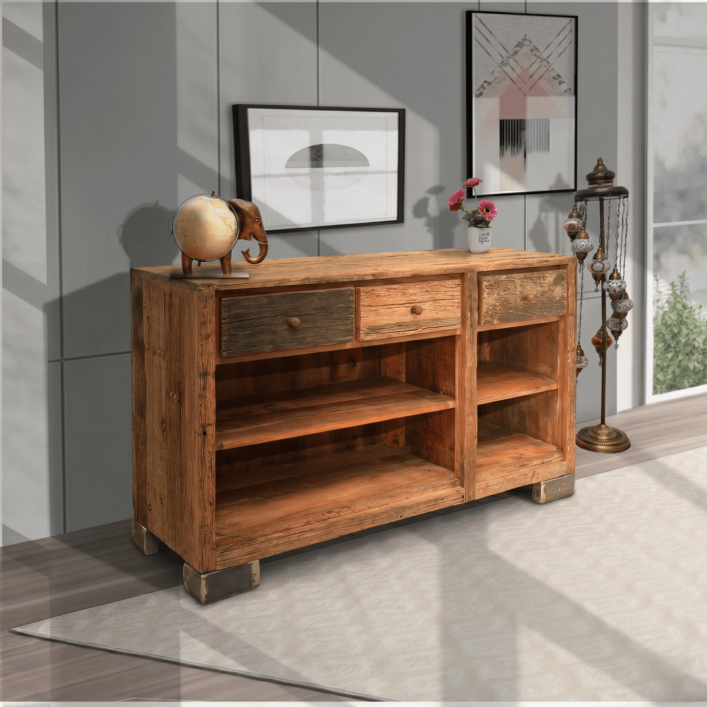 The Verona Reclaimed Wood Vintage Industrial Console with Open Storage Unit, Rustic Reclaimed Wood console Cabinet, Vintage Industrial Wooden console, Handcrafted Solid Wood Entertainment Console, 