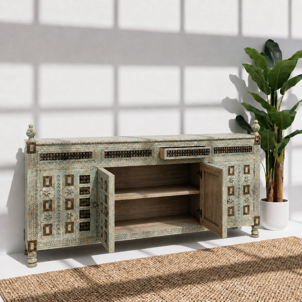 Classic antique finish solid wood ornate side buffet table with 4 doors and 4 drawer