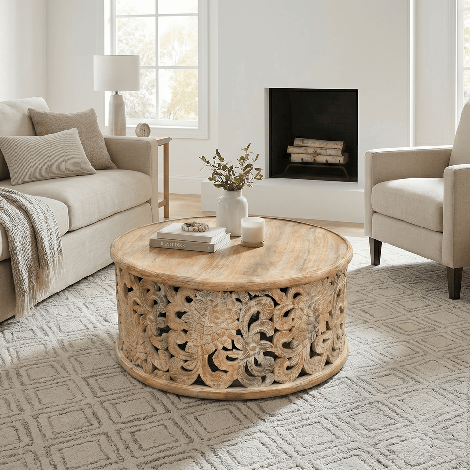 Solid Mango Wood Round Coffee Table | Visit Our Dubai Furniture Outlet