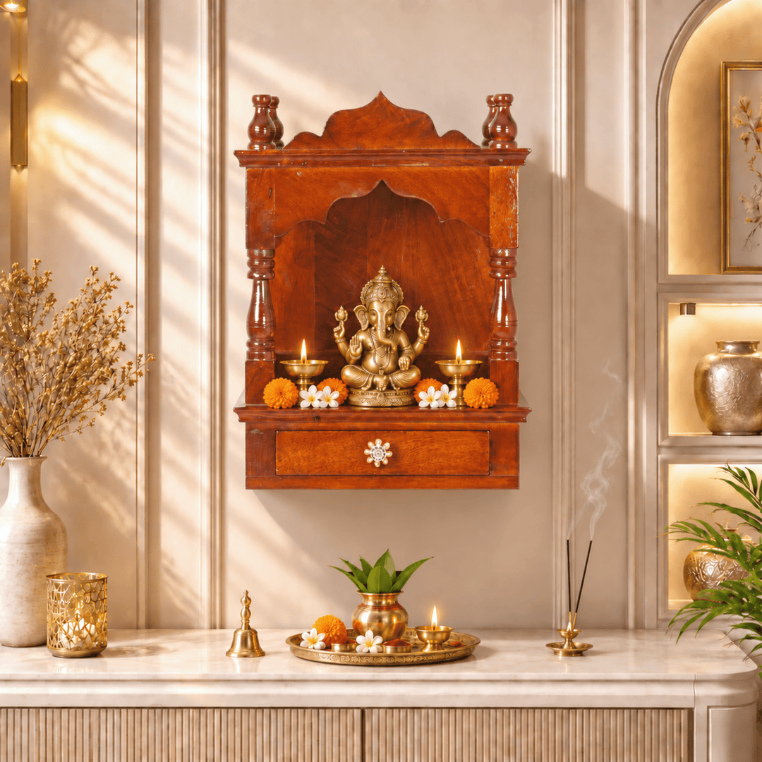 Organic Indian Wood Wall-Mounted Home Prayer Temple