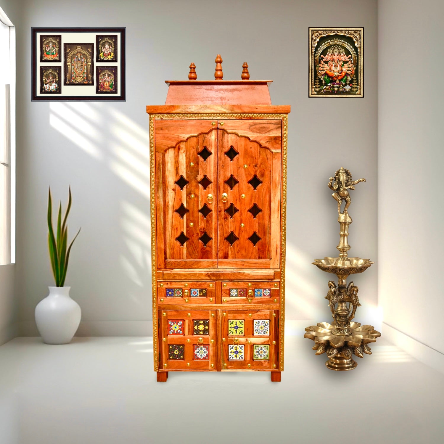 Indian solid mango wood pooja unit with tiles work