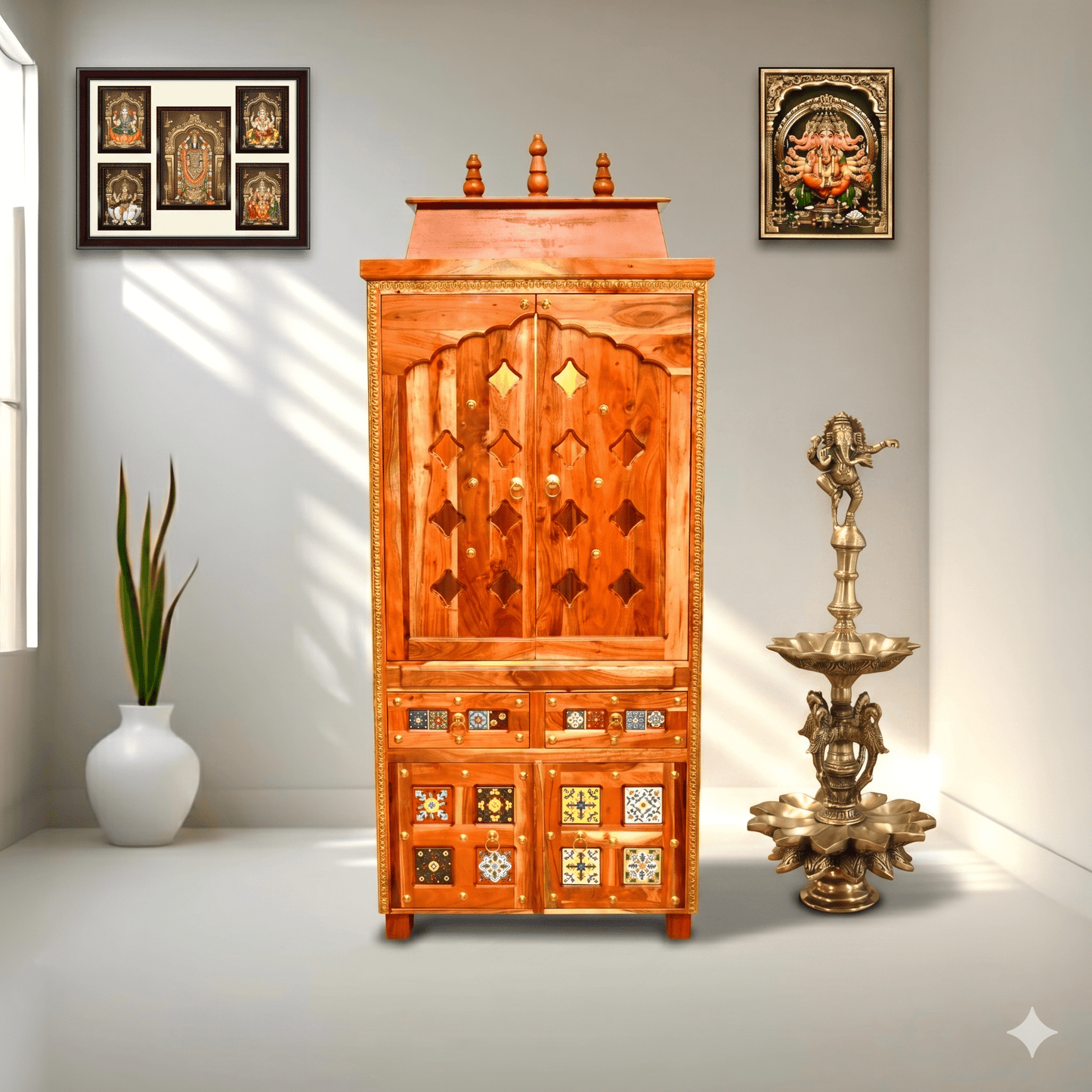 Traditional Indian Wooden Temple UAE,Natural Finish Wooden Mandir Dubai,Natural wood pooja temple in UAE,mango wood home temple with tiles work Abu Dhabi,