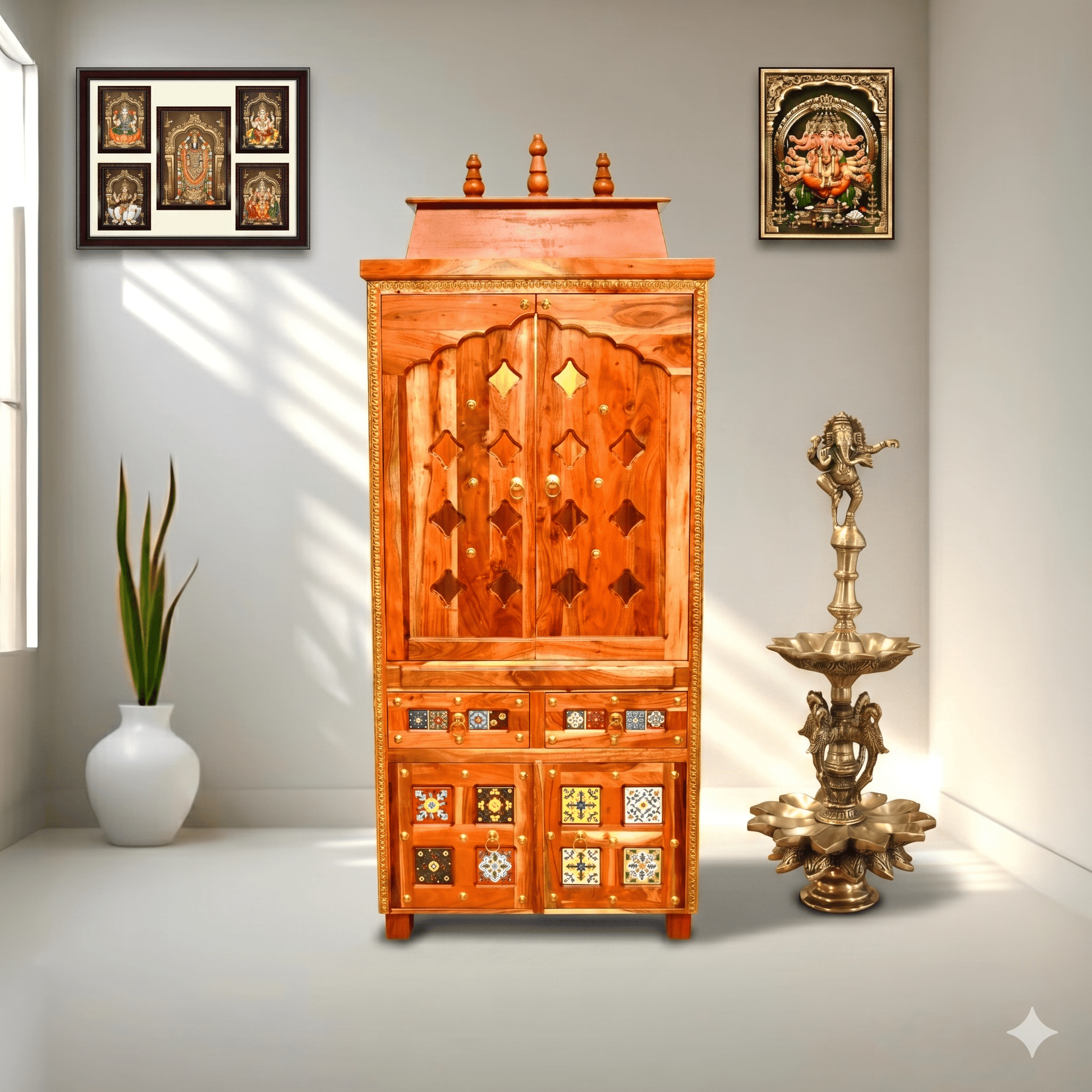 Indian solid acacia wood pooja unit with tiles work
