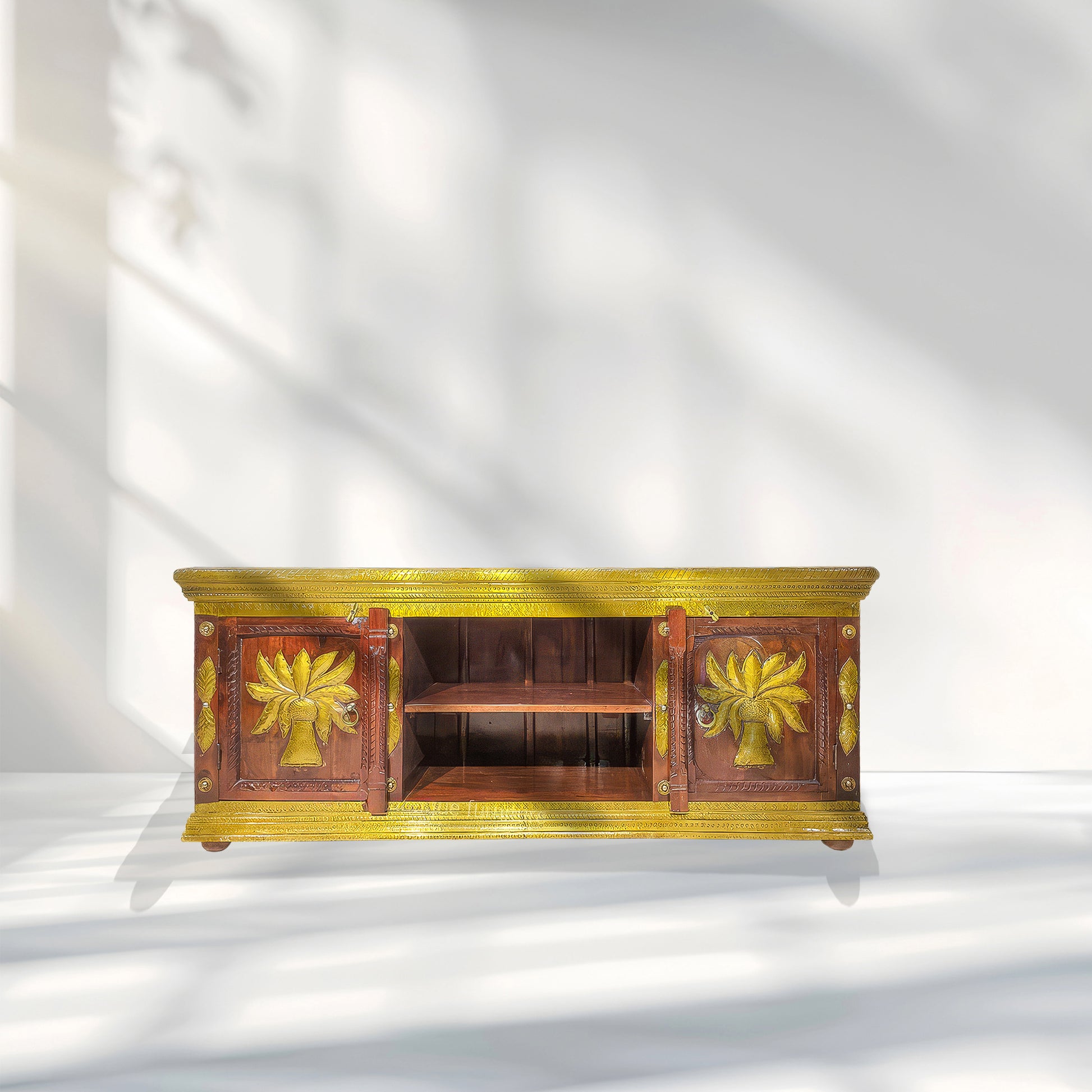 Natural mango wood media unit with brass inlay work