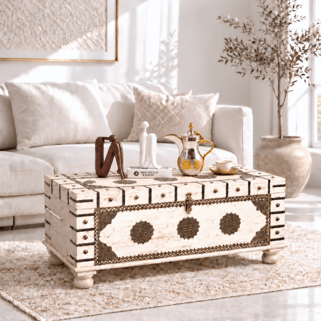 Indian Heritage Mango Wood Chest with White Rustic Finish
