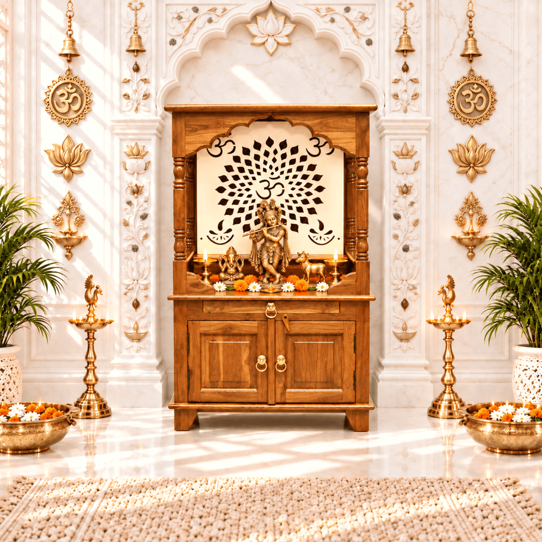 معبد منزلي من الخشب الصلب مع رف وباب