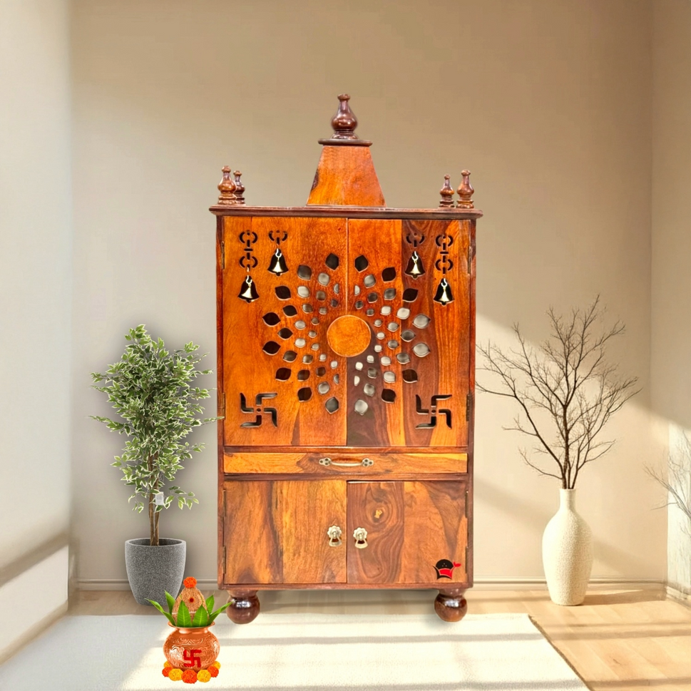 Wooden pooja home temple with door & storage box
